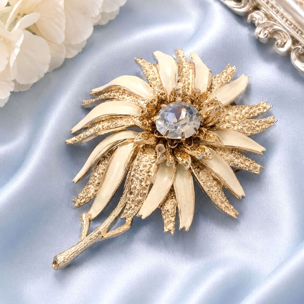Vintage Francois Signed Silver Tone Icy Blue Enamel and Rhinestone Flower Brooch